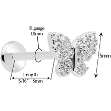 Load image into Gallery viewer, 18G 5/16 CZ Gem Butterfly Paved Threadless Push In Labret Tragus
