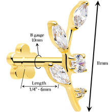 将图片加载到图库查看器，18G 1/4 Clear Gem Gold PVD Implant Grade Titanium Leaves Threadless Flatback Earring
