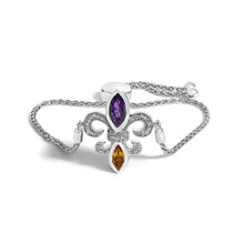 Load image into Gallery viewer, .925 Sterling Silver Marquise Purple Amethyst, Orange Citrine, and Diamond Accent Lariat 4â€-10â€ Fleur De Lis Adjustable Bolo Bracelet (I-J Color, I1-I2 Clarity)
