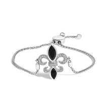 将图片加载到图库查看器，.925 Sterling Silver Marquise Black Onyx and Diamond Accent Lariat 4â€-10â€ Fleur De Lis Adjustable Bolo Bracelet (I-J Color, I1-I2 Clarity)
