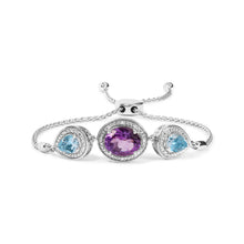 Load image into Gallery viewer, .925 Sterling Silver Oval Amethyst and Pear Blue Topaz with Diamond Accent Lariat 4â€-10â€ Adjustable Bolo Bracelet (H-I Color, SI1-SI2 Clarity)
