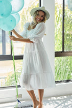 将图片加载到图库查看器，New Summer Dot Flounce Sleeve Smocked Tiered Midi Dress – Fluttering, Charming Swiss Dot Dress with Flounce Sleeves, Smocked Waist, and Tiered Design
