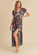 将图片加载到图库查看器，Lace Detail Slit Geometric Print Short Sleeve Comfortable Maxi Dress For Women, Elegant Lace, Alluring Slit, Sophisticated Geometric Print for Casual &amp; Dressy Occasions

