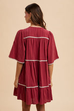 将图片加载到图库查看器，Tassel Contrast Trim Tie Neck Half Sleeve Tiered Dress – Bohemian-Inspired Dress with Tassel Details, Adjustable Tie Neck, and Tiered Design for a Flowing, Feminine Silhouette
