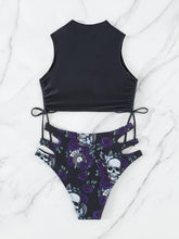 Load image into Gallery viewer, Bikini Skull Print Hollow-Out 2 Piece Swimsuit for Women – Sexy Lace-Up Floral Tie Bathing Suit with Crew Neck – High Stretch Halloween Inspired Bikini Set for Beach Party, Festival, and Summer Vacation
