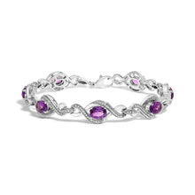 Load image into Gallery viewer, .925 Sterling Silver 1/10 Cttw Natural Round Diamond and 7X5MM Oval Amethyst Cross Tennis Bracelet (I-J Color, I1-I2 Clarity) - 7"
