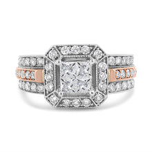 将图片加载到图库查看器，14K White and Rose Gold 1 1/8 Cttw Princess and Round-Cut Diamond Art Deco Style Triple Shank Halo Cocktail Ring (I-J Color, SI2-I1 Clarity) - Size 7
