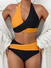 Load image into Gallery viewer, Bikini Black and White Contrast Color Criss Cross Neck 2 Piece Swimsuit for Women – Stylish Medium Stretch Two-Tone Bikini Set with Unique Neckline and Flattering Fit – Modern Swimwear for Beach Days, Pool Lounging, and Summer Escapes
