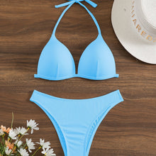将图片加载到图库查看器，Bikini Rib Knit Solid Color Triangle 2 Piece Swimsuit for Women – Adjustable Tie Back Halter Bikini Set with Spaghetti Straps – High Stretch Polyester Swimwear for Summer Beachwear Poolside Relaxation and Tropical Vacation
