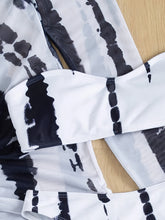 将图片加载到图库查看器，Horizon Haze 3-Piece Tie Dye Bandeau Bikini Set for Women – Strapless Tube Top with Long Sleeve Semi-Sheer Cover-Up Dress for Summer – Artistic Stripe Print Swimwear Ensemble for Bold Summer Fashion
