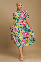 Load image into Gallery viewer, Colorful Full Size Floral Print Puff Sleeve Midi Dress Plus Size Elegant &amp; Feminine Romantic Long Dress
