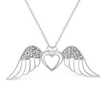 将图片加载到图库查看器，.925 Sterling Silver Pave-Set Diamond Accent Angel Wing 18" Double Heart Pendant Necklace (I-J Color, I1-I2 Clarity)
