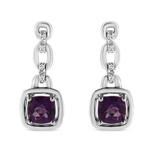 Load image into Gallery viewer, .925 Sterling Silver 6x6MM Cushion Shaped Natural Purple Amethyst and Diamond Accent Drop and Dangle Earrings (I-J Color, I1-I2 Clarity)
