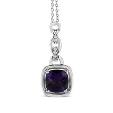 将图片加载到图库查看器，.925 Sterling Silver 6x6MM Cushion Shaped Natural Purple Amethyst and Diamond Accented Bale 18" Inch Pendant Necklace (I-J Color, I1-I2 Clarity)
