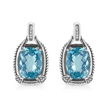 Load image into Gallery viewer, .925 Sterling Silver 14x10MM Cushion Cut Blue Topaz Gemstone and Diamond Accent Dangle Earring (I-J Color, I1-I2 Clarity)
