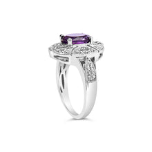 Load image into Gallery viewer, .925 Sterling Silver 9x7mm Oval Purple Amethyst and Diamond Accent Art Deco Style Cocktail Ring (I-J Color, I1-I2 Clarity) - Size 6
