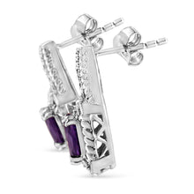 将图片加载到图库查看器，.925 Sterling Silver 8x6 MM Natural Oval Purple Amethyst Gemstone and Diamond Accent Art Deco Style Drop and Dangle Earrings (I-J Color, I1-I2 Clarity)
