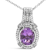 Load image into Gallery viewer, .925 Sterling Silver 9x7mm Oval Purple Amethyst and Round Diamond Accent Fashion Drop Pendant 18 Inch Necklace (I-J Color, I1-I2 Clarity)
