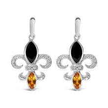 Load image into Gallery viewer, .925 Sterling Silver Marquise Cut Onyx and Citrine with Diamond Accent Fleur De Lis Drop Stud Earrings (H-I Color, SI1-SI2 Clarity)
