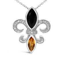 Load image into Gallery viewer, .925 Sterling Silver Marquise Onyx and Citrine and Diamond Accent Fleur De Lis Pendant Necklace (H-I Color, SI1-SI2 Clarity) - 18"
