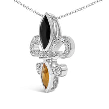 Load image into Gallery viewer, .925 Sterling Silver Marquise Onyx and Citrine and Diamond Accent Fleur De Lis Pendant Necklace (H-I Color, SI1-SI2 Clarity) - 18"
