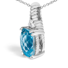 Load image into Gallery viewer, .925 Sterling Silver Blue Topaz and Diamond Accent Textured Pendant Necklace - 18" Inches
