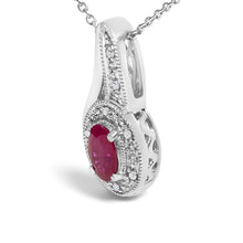 Load image into Gallery viewer, .925 Sterling Silver Red Ruby and Diamond Accent Milgrain Swirl Pendant Necklace - 18" Inches
