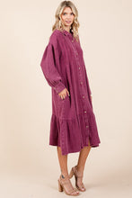 Load image into Gallery viewer, Mineral Wash Cotton Gauze Ruffle Midi Shirt Dress For Women – Casual and Feminine Button-Down Dress with Ruffle Details
