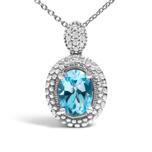 Load image into Gallery viewer, .925 Sterling Silver Oval Blue Topaz and Diamond Accent with Beaded Halo Pendant Necklace - 18" Inches
