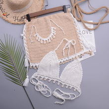 Load image into Gallery viewer, Bikini Set Woman Crochet Shell Tassel Bikini Top And Seashell Beach Skirt Lace See Through Bikini Women Beach Summer 2 Piece Outfits Crochet Mesh Bikini Top and Skirt Set
