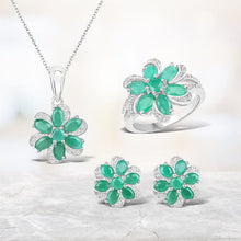 Load image into Gallery viewer, 7.84 Carat Genuine Emerald and White Topaz .925 Sterling Silver 3 Piece Jewelry Set (Ring, Earrings, and Pendant w/ Chain)
