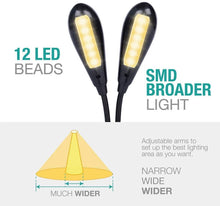 将图片加载到图库查看器，Super Adjustable Goosenecks Clip LED Lamp For Book Reading With Stand And Double Ligh  Rechargeable 12 LED Warm Book Light, Clip On Bed Reading Light, Music Stand Lamp, 2 Brightness &amp; 2 Goosenecks Light Up 2 Full Pages. Perfect For Bookworms, Kids &amp; Music
