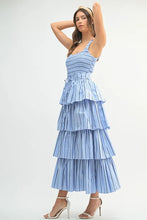 将图片加载到图库查看器，Pin Stripe Smocked Bodice Layered Midi Dress – Smocked Bodice Dress, Fluttering Pinstripe Midi Dress, Layered Midi Dress, Trendy Midi Dress, Flattering Pinstripe Dress
