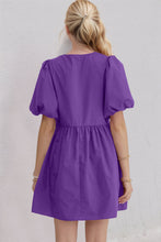 Load image into Gallery viewer, Elegant Ruched Puff Sleeve Mini Dress Vintage Bow Detail Cute Short Dress for Women
