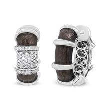 Load image into Gallery viewer, 18K White Gold Flash Plated .925 Sterling Silver Clear Graphite Grey Enamel 5/8 Cttw Round Diamonds Huggie Hoop Earrings (F-G Color, VS1-VS2 Clarity)
