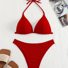 将图片加载到图库查看器，Bikini Rib Knit Solid Color Triangle 2 Piece Swimsuit for Women – Adjustable Tie Back Halter Bikini Set with Spaghetti Straps – High Stretch Polyester Swimwear for Summer Beachwear Poolside Relaxation and Tropical Vacation
