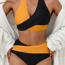 Load image into Gallery viewer, Bikini Black and White Contrast Color Criss Cross Neck 2 Piece Swimsuit for Women – Stylish Medium Stretch Two-Tone Bikini Set with Unique Neckline and Flattering Fit – Modern Swimwear for Beach Days, Pool Lounging, and Summer Escapes
