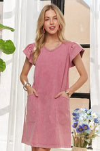 将图片加载到图库查看器，Mineral Washed V-Neck Ruffled Cap Sleeve Dress – Trendy, Comfortable, Playful, Unique Wash For Any Occasion
