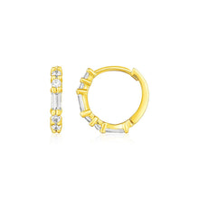 将图片加载到图库查看器，14k Yellow Gold Petite Hoop Earrings with Baguette Cubic Zirconias
