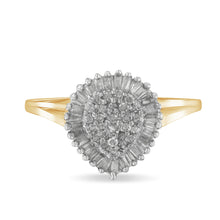 将图片加载到图库查看器，10K Yellow Gold 1/2 Cttw Round &amp; Baguette Cut Diamond Pear Shaped Domed PavÃ© Cluster with Halo Cocktail Ring (J-K Color, I1-I2 Clarity) - Size 4-1/4
