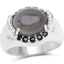 Load image into Gallery viewer, 5.68 Carat Genuine Grey Moonstone &amp; Black Spinel .925 Sterling Silver Ring
