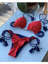 将图片加载到图库查看器，New Festival Flame Halter Bikini Set for Women – Triangle V-Neck Backless Two-Piece Swimsuit with Tie Side Bottoms &amp; Adjustable Lace-Up Fit – Sleek Polyamide Swimwear for Koningsdag/King’s Day &amp; Summer Beach Celebrations
