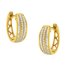 将图片加载到图库查看器，10K Yellow Gold 3/4 Cttw Pave and Channel Set Diamond Triple Row Modern Hoop Earrings (I-J Color, I2-I3 Clarity)

