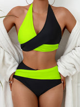 Load image into Gallery viewer, Bikini Black and White Contrast Color Criss Cross Neck 2 Piece Swimsuit for Women – Stylish Medium Stretch Two-Tone Bikini Set with Unique Neckline and Flattering Fit – Modern Swimwear for Beach Days, Pool Lounging, and Summer Escapes
