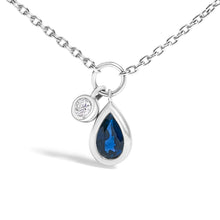 将图片加载到图库查看器，10K White Gold 6x4 mm Pear Blue Sapphire and Diamond  Accent Charm Pendant Necklace - 18" Inches
