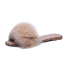 将图片加载到图库查看器，Fashion Fur Flat Women's Slippers Plus Size Spring Summer Fluffy Fur Slippers Shoes Woman Plush Fur Slip On Flip Flop Flat Furry Fur Slides Outdoor Sandals Furry Slides Summer Sandals Open Toe Indoor Outdoor Fluffy Slides
