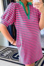 Load image into Gallery viewer, Pink Striped Collar Puff Sleeve Mini Tee Dress Chic &amp; Casual Statement Piece Simple Women Dress
