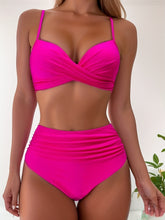 Load image into Gallery viewer, Tropical Vibe High Waist Bikini Set – Flirty V-Neck Swimsuit with Layered Colorblock High Cut Bottom Crisscross Strap Detail &amp; Ultra-Stretch Comfort – Women's Two Piece Swimwear for Summer Beach Pool &amp; Vacation Fun
