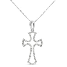 Load image into Gallery viewer, .925 Sterling Silver 1/3 Cttw Diamond Framed Open Cross 18" Pendant Necklace (J-K Color, I2-I3 Clarity)
