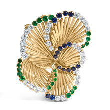Load image into Gallery viewer, 18K Yellow Gold 2 1/3 Cttw Diamond, Sapphire, and Emerald Sculpted Petal Brooch Pin (G-H Color, VS1-VS2 Clarity)
